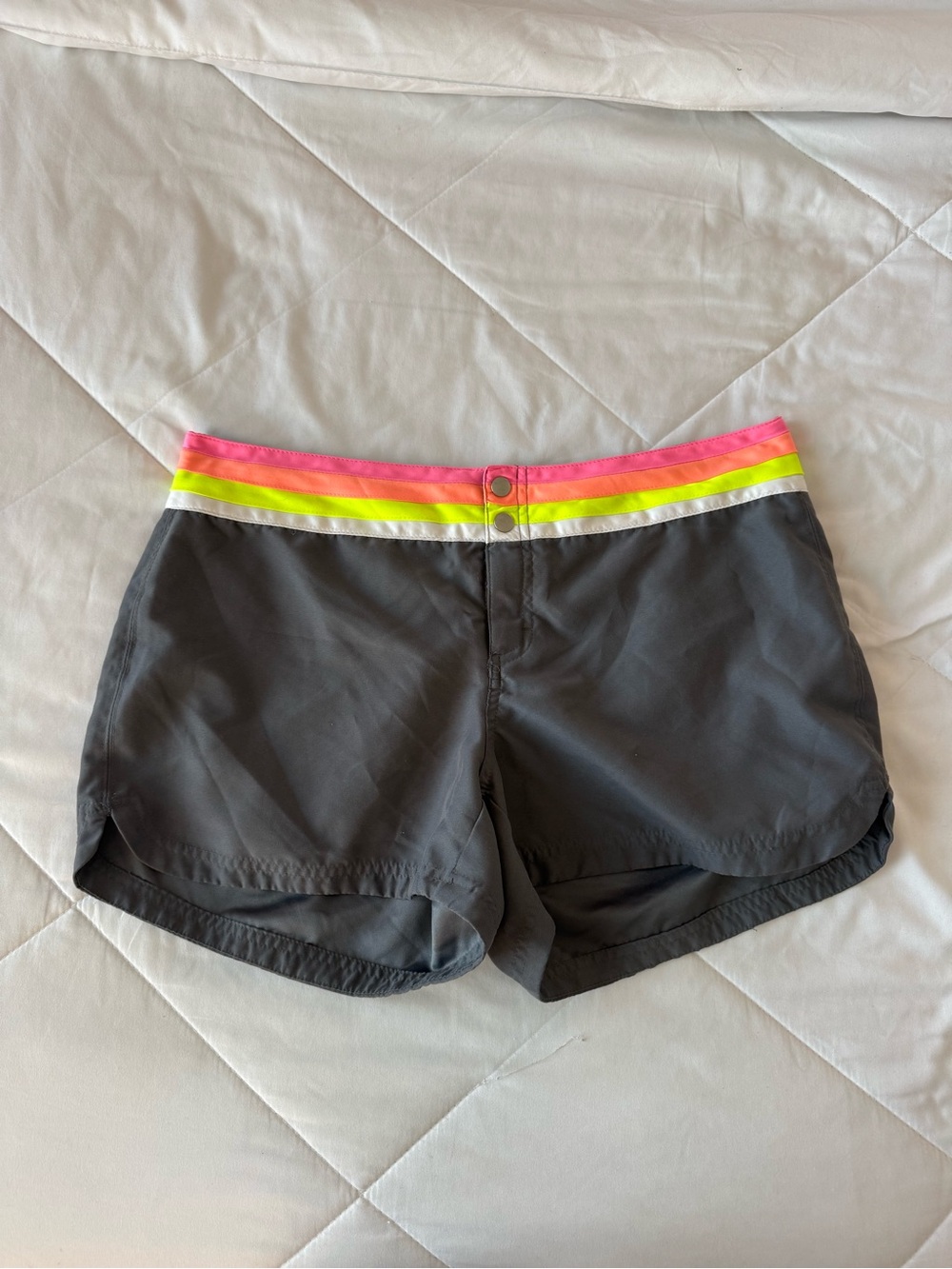 Old Navy Gray Athletic Swim Shorts with Pink, Neon Yellow & White Waistband